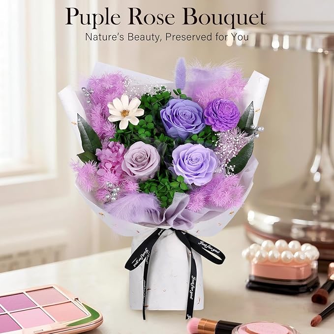 Preserved Flowers Bouquet - Forever Flowers for Delivery, Real Eternal Roses Bouquet Gifts for Women Mother Mom Girlfriend Wife Anniversary Birthday Present for Her, Light Purple