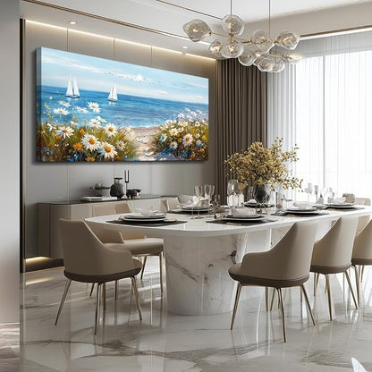 PHAOHUAXM Large Blue Ocean Landscape Canvas Printing Picture Wall Art For Living Room Farmhouse Dinin Mural White Flowers Bedroom Office Wall Decor Home Decor Painting Easy To Hang 30x60 Inches