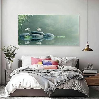 Iallbin Zen Stone Wall Art & Zen Wall Decor, Tranquil misty pond two white lotus flowers -for Yoga Meditation Room, Spa & Bathroom, Green Serenity Art Deco Style, Ready to Hang, 58x29 Inches