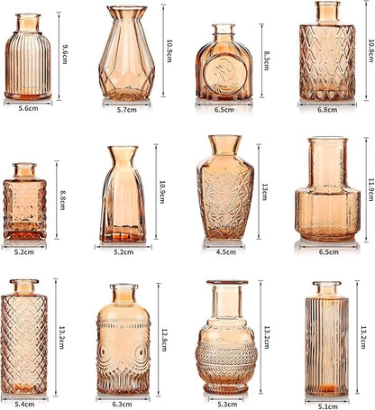Bud Vases Set of 12, Small Mini Glass Vases for Centerpieces - Elegant Vintage Style - Perfect for Table Decor, Wedding, Party Centerpieces - Great Gift for Home Decor Lovers (Amber)