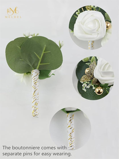 Meldel White Boutonniere for Men Wedding, Set of 6, Best Man Groom Groomsmen Boutonniere, Men Boutonnieres for Wedding Prom Party Homecoming