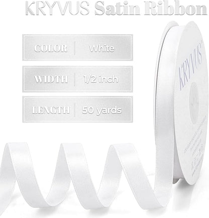 Premium Double Faced Satin Ribbon, 1/2 Inch X 50 Yards, White, Perfect for Gift Wrapping, Crafts, Wedding Decor