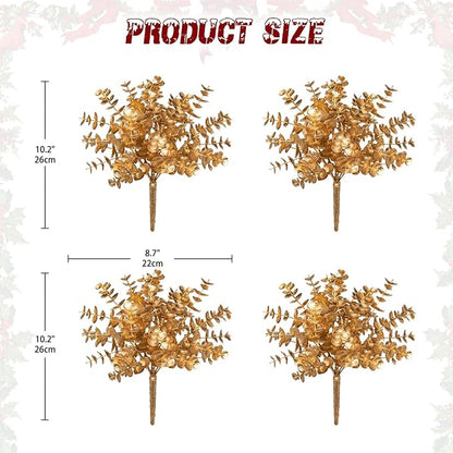 Artificial Gold Eucalyptus Stems 4 Pcs Christmas Fake Fall Flower Arrangement Faux Floral Decor for Home Table Centerpieces Wedding Party Autumn Bouquet Home Farmhouse Vase