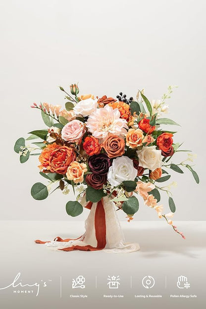 Ling's moment Terracotta Wedding Bouquets for Bride, Burnt Orange Bridal Bouquets for Bride, 15 Inch Free Form Artificial Wedding Flower Bouquet