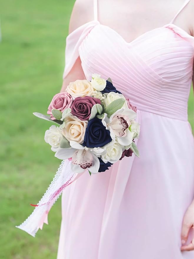 Rinlong Bridesmaids Bouquet Dusty Pink Navy Blue Artificial Wedding Bouquets for Bride Bridesmaid Silk Bouquet for Homecoming Prom