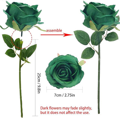 Felice Arts 12 Pack Green Artificial Roses Emerald Green Flowers with Stems Silk Roses Fake Flowers Bouquet for Christmas St Patricks Day Wedding Centerpiece Table Vase Home Kitchen Party DIY Decor