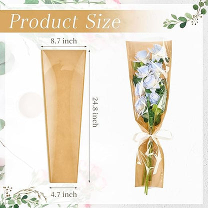 CLUEWR 50 PCS Flower Bags for Bouquets, Floral Wrapping Sleeves with Ribbons Florist Wrap Supplies, 24.8 x 8.7 Inches