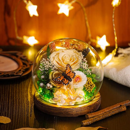Large Preserved Flowers with Card-Flowers for Delivery Prime,Eternal Rose with Lights,Roses in Glass Dome,Romantic Gift for Her,Decoration, Fresh Rose Flowers for Mom, Birthday, Anniversary(Yellow)
