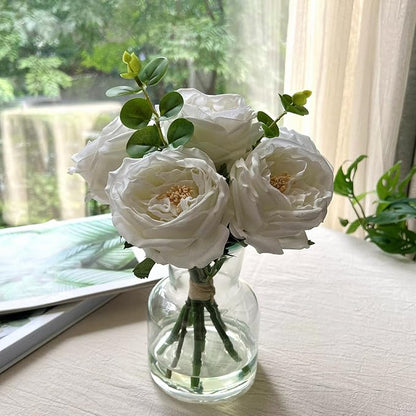 Artificial Flowers in vase, Vivid Faux Rose Flowers Arrangements, Austin Rose Centerpieces for Tables, Flower Ornaments and Flower Arts for Living Room (White)