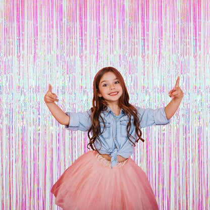 GOER 3.2 ft x 9.8 ft Metallic Tinsel Foil Fringe Curtains Party Photo Backdrop Party Streamers for Birthday,Graduation,New Year Eve Decorations Wedding Decor (Iridescent,3 pcs)