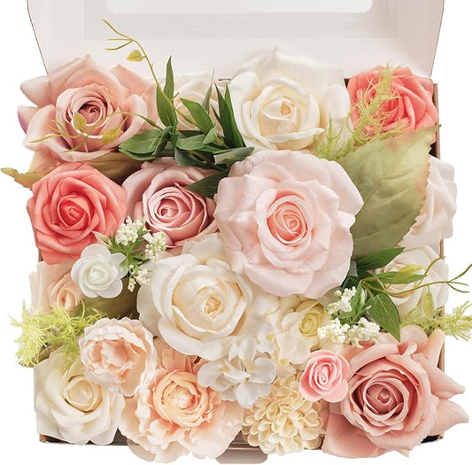 TINGE TIME Artificial Flowers Combo Mix Silk Flowers Pink Roses w/stem for DIY Wedding Bridal Bouquets Baby Shower Floral Arrangement Table Centerpieces Home Decorations (Pink & Champagne)