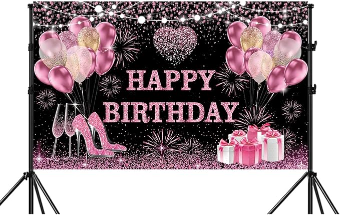 YinQin 180x120 cm Pink Golden Happy Birthday Backdrops Cloth 71x47 inch Bday Party Photography Backgrounds Glitter Black Rose Golden Happy Birthday Sign Banner Decoration for Women Girl