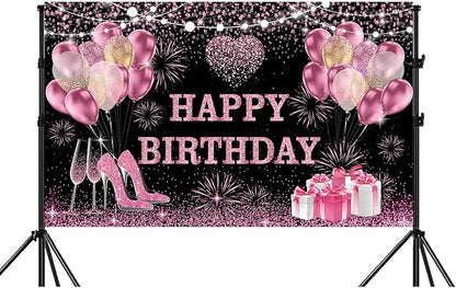 YinQin 180x120 cm Pink Golden Happy Birthday Backdrops Cloth 71x47 inch Bday Party Photography Backgrounds Glitter Black Rose Golden Happy Birthday Sign Banner Decoration for Women Girl