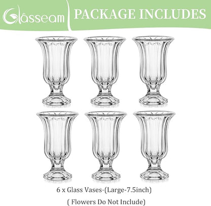 Glasseam Crystal Vases for Flowers, 7.5in Tall Vase Set of 6, Clear Glass Compote Vases and Ribbed Pedestal Bowls for Living Room Decorations Dining Table Home Decor