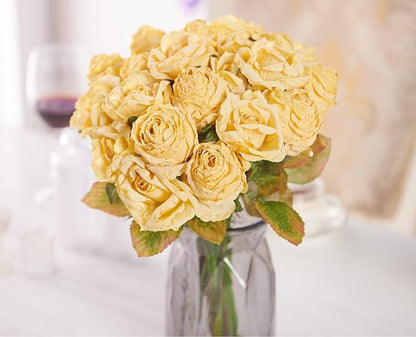 Rose Artificial Flower 28pcs Realistic Faux Silk Roses Fake Flowers Bouquets Arrangements Decor for Wedding Spring Mother's Day, Home Table Decorations, Yellow Flower