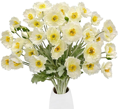 12PCS Poppy Flowers Artificial 23" Real Touch Stems Faux Poppies Silk Flowers for Home Decor Indoor (White)