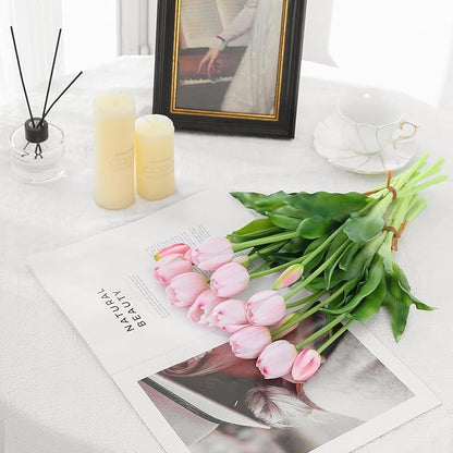 15PCS Artificial Tulips Real Touch Light Pink Faux Latex Flowers Lifelike Fake Tulip Bouquet Flowers Arrangements for Wedding Home Kitchen Garden Table Party Decoration