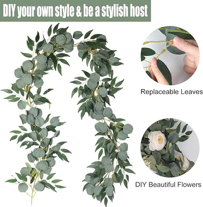 RECUTMS 2Pack Artificial Eucalyptus Garland with Willow Leaves 6Feet Fake Hanging Plant Silk Eucalyptus Willow Leaves Ivy Garland Faux Greenery for Indoor Outdoor Wedding Party Home Table Arch Decor