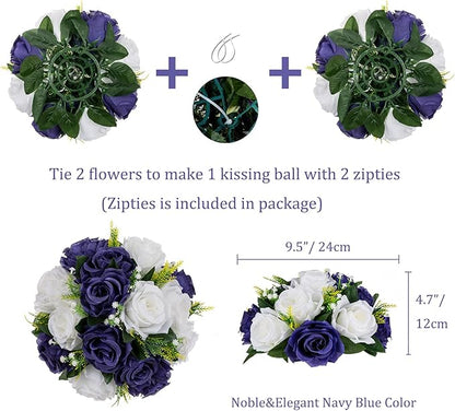 BLOSMON Navy Blue Rose Flowers: 2 Pcs Fake Floral Balls Centerpiece for Wedding Table Centerpieces - Artificial Silk Kissing Bouquet Flower Arrangement for Home Party Event Decor