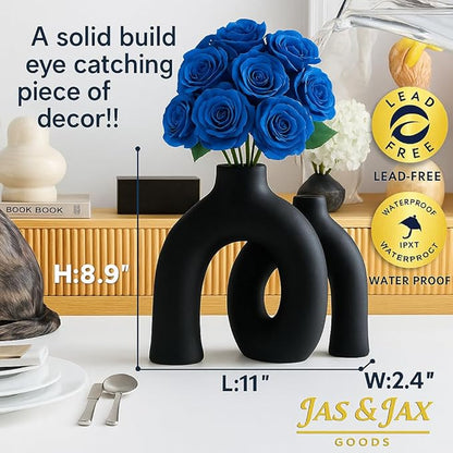 Matte Black Ceramic Vase Set - Modern Hug Donut Ceramic Vases by JAS & JAX GOODS, Minimalistic Nordic Home Decor Centerpiece for Console Tables, Living Room, Bookshelf, or Fireplace Mantel