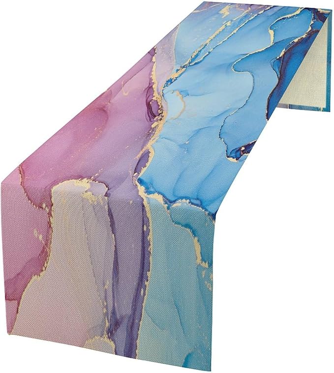 Pink Blue Marble Table Runner Sea Blue Maroon Gold Veins Unique Ombre Abstract Ink Texture Seasonal Dinner Runner Table Decoration for Farmhouse Home Kitchen Dining Holiday Party 13x90in