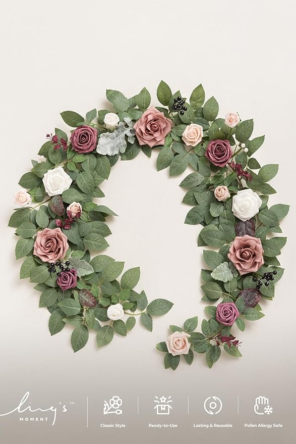 Ling's moment 5FT Artificial Flower Garland Dusty Rose & Mauve Fake Rose Eucalyptus Garland Arch Flowers Vine for Wedding Party Backdrop Home Table Centerpieces Decorations