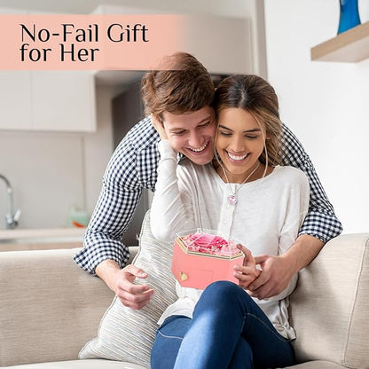 Preserved Pink Real Rose with Necklace Forever Flowers Diamond shaped Box for Mom Wife Girlfriend Grandma on Mothers Day Birthday Valentines Christmas Anniversary Beatiful Gifts for women