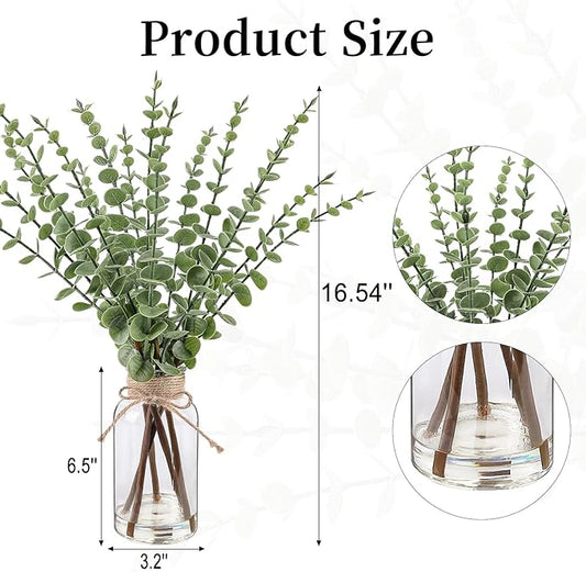 Artificial Eucalyptus Stems in Glass Vase with Faux Water，16.54" Fake Plants for Home Decor, Coffee Table Centerpieces, Office, Bathroom & Farmhouse Weddings - Faux Greenery Plants Decorations