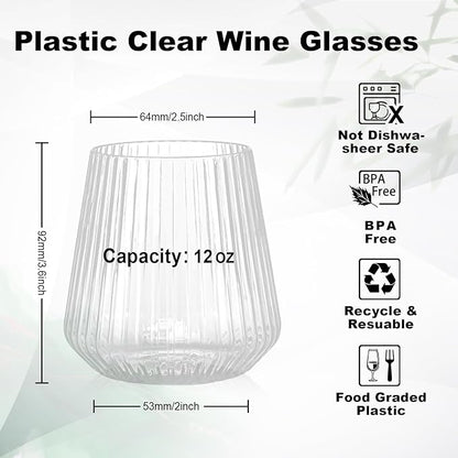 BESTSTAR 36 Pcs 12 oz Plastic Clear Ribbed Wine Glasses, Origami Ripple Disposable Champagne Glasses Elegant Whiskey Glasses Ideal for Weddings, Bars, Christmas, Halloween, Pool Party, Daily Use
