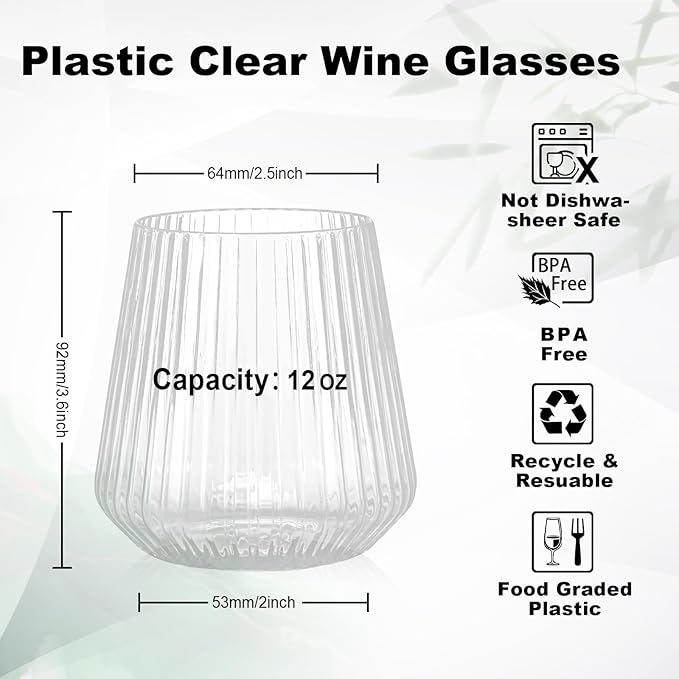 BESTSTAR 72 Pcs 12 oz Plastic Clear Ribbed Wine Glasses, Origami Ripple Disposable Champagne Glasses Elegant Whiskey Glasses Ideal for Weddings, Bars, Christmas, Halloween, Pool Party, Daily Use
