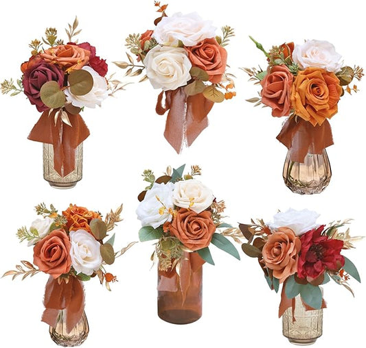 Marriwise Set of 6 Assorted Wedding Flower Centerpieces Pre-Made Mini Bridesmaid Bouquets Artificial Flower Terracotta Table Decor for Fall Wedding Decorations Shower Home Decor