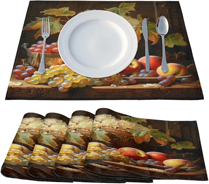Grape Placemats, Place Mats Set of 4, Heat Resistant Place Mats, Washable Table Mats for Dining Table, Non-Slip Stain Resistant Kitchen Table Placemats, Floral Vintage Fruit Rustic