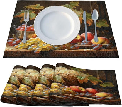 Grape Placemats, Place Mats Set of 4, Heat Resistant Place Mats, Washable Table Mats for Dining Table, Non-Slip Stain Resistant Kitchen Table Placemats, Floral Vintage Fruit Rustic