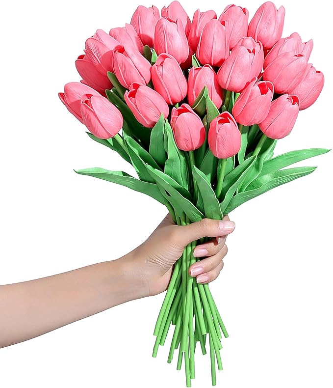 SITUMEIZI 15pcs Tulips Fake Pink Artificial Flowers Real Touch 14" Silk Flower for Home Decor Spring Easter Wedding Bouquet Decorations Valentine's Day Gifts(Fluorescent Pink)