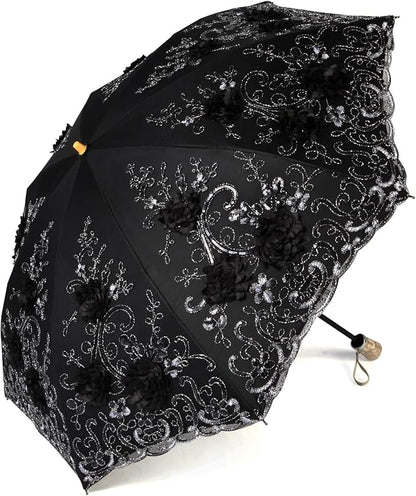 LCY Embroidered Lace Double-deck Anti-UV Parasol Sun/Rain/Snow Folding Umbrella