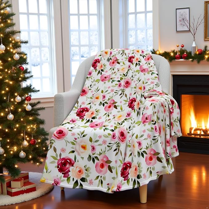 Jekeno Rose Flowers Blanket Gifts for Women Girls, Birthday Valentines Soft Throw for Adult, Lightweight Warm Flannel for Bed Sofa Couch Office Home 50"x60"