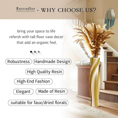 Tall Vases - 23.6" Tall Floor Vase for Home Decor, Floor Vases, Black Hexagon Twist Floor Vase, Fits Into Hay/Pampas Grass, Living Room, Office, Wedding Decor (Resin Gold)