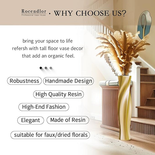 Tall Vases - 23.6" Tall Floor Vase for Home Decor, Floor Vases, Black Hexagon Twist Floor Vase, Fits Into Hay/Pampas Grass, Living Room, Office, Wedding Decor (Resin Gold)