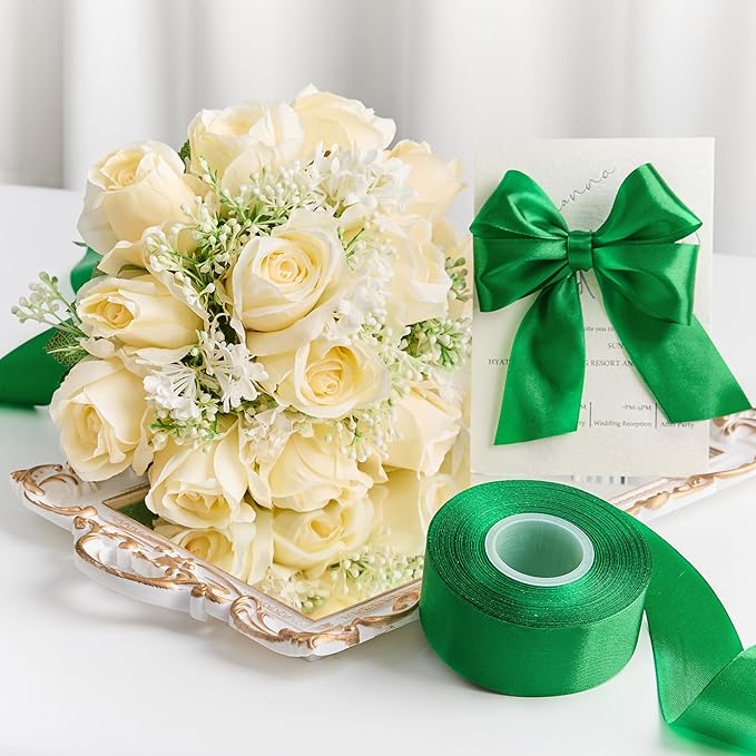 1-1/2 Inches 50 Yards Emerald Green Satin Ribbon, Solid Fabric Ribbon Roll for Flower Bouquets, Gift Wrapping, Wedding, Handmade Crafts