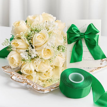 1-1/2 Inches 50 Yards Emerald Green Satin Ribbon, Solid Fabric Ribbon Roll for Flower Bouquets, Gift Wrapping, Wedding, Handmade Crafts
