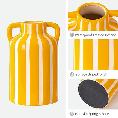 Yellow and White Ceramic Vase with Handles, Stripes Floral Vase for Home Decor, Flowers Kitchen Bookshelf Mantle, Living Room Coastal Decor, Rustic Table Centerpiece, Cottage Core Decor 9.1 in