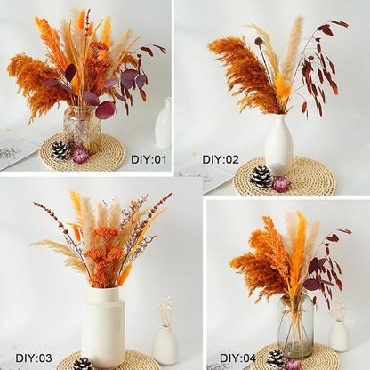 Natural Dried Pampas Grass Bouquet,17" Natural Dried Flower Bouquet, Orange Ear of Sorghum and Autumn Pampas Grass Combination ,Bohemian Style Family Wedding Country Farmhouse Decoration