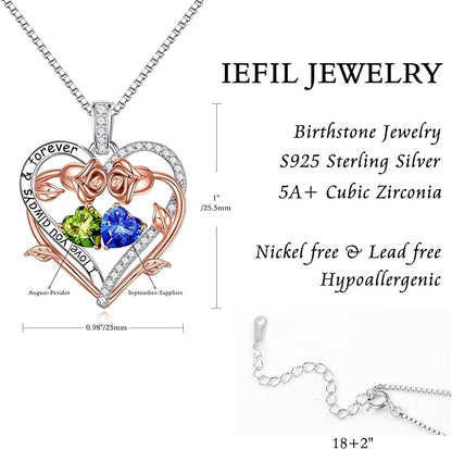 Iefil Rose Heart Double Birthstone Necklace Gifts for Wife Her Mom Women, Birthstone Jewelry Gemstone Birthday Gifts for Girlfriend Grandma Her Wife Women