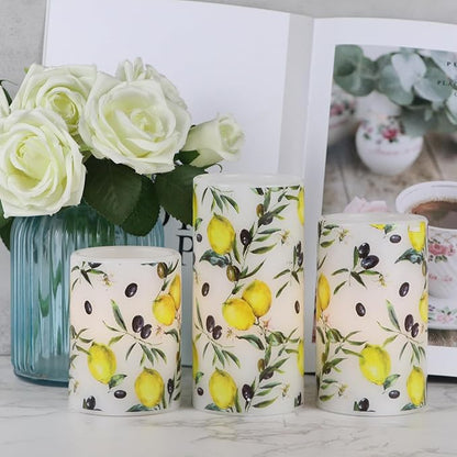 DRomance Flameless Pillar Wax Candles with 6 Hour Timer Battery Operated 3 Packs Lemon Decals LED Flickering Candles Yellow Light Holiday Wedding Spring Home Decoration Candle(3 x 4, 5, 6 Inches)