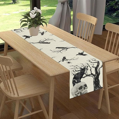 Gothic Table Runner, Black Cat Day of Death Crow Skull Halloween Witchy Retro Coffee Table Center Decor for Home Kitchen Dining Patio Holiday Party Table Decorations 13x72 inches