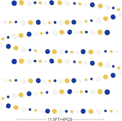 Royal Blue Gold White Party Polka Dot Garland Dark Blue Glitter Gold White Hanging Paper Circle Dots Streamer for Birthday Graduation Baby Shower Wedding Retirement Nautical Party Decorations Supplies