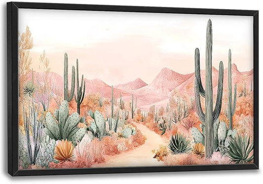 Cactus Large Wall Art Boho Tropical Cacti Pictures Wall Decor Desert Canvas Landscape Print Painting Modern Artwork Home Decoration for Living Room Bathroom Bedroom Office Framed 24"x36"