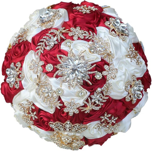 Handmade Satin Rose Floral Bling Pearl Decor Bridal Wedding Bouquet Rhinestone Pendant Artificial Brooch Flowers for Bride Bridesmaid Quinceanera