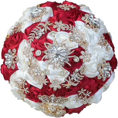 Handmade Satin Rose Floral Bling Pearl Decor Bridal Wedding Bouquet Rhinestone Pendant Artificial Brooch Flowers for Bride Bridesmaid Quinceanera