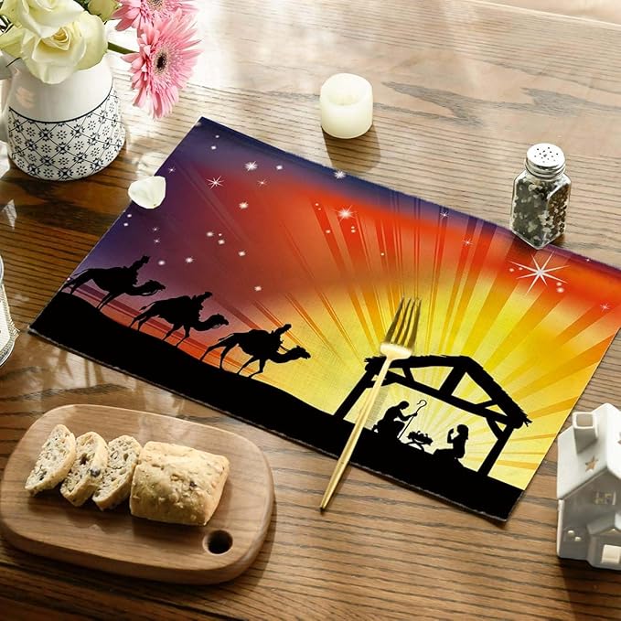 Christian Christmas Placemats Set of 4 Nativity Scene Place Mats Washable Table Dinner Mats Linen Table Mats for Kitchen Dining Party Home Kitchen Decor 12x18 Inch